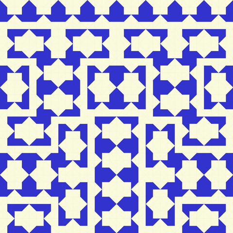 Hilbert curve made from half-square triangles in blue and white. This one looks like tiles that are shaped like a rectangle fused with a centered diamond.