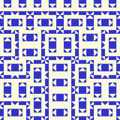 Hilbert curve made from half-square triangles in blue and white. This one looks like there arrow controls for up, down, and then there's for left-right made with a long blue rectangle and white triangles pointing outward at the ends.