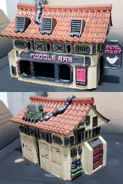 Front and back view of a cream colored building with a terracotta tile roof. The building is a noodle bar with a big open front window. A sign on the side says "real meat" with a cartoon chicken below it. The building is a blend of older style vaguely Asian architecture and sci-fi mechanical bits on it, including a large HVAC unit and vents on the roof.