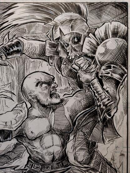 An ink drawing in progress of Kratos from God Of War, wielding the Blades of Athena from God Of War 2, kicking the hell out of a zombie-skeleton guy.

Kratos's forehead and face have substantially more definition now, as does his chest. The skeleton-zombie-thing guy's also substantially more detailed, and is much more toothy and fucked up looking.