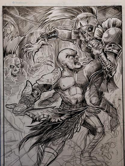Another angle of the piece in progress of Kratos from God Of War, wielding the Blades of Athena from God Of War 2, kicking the hell out of a zombie-skeleton guy. This one is slightly more zoomed out.

Kratos's forehead and face have substantially more definition now, as does his chest. The skeleton-zombie-thing guy's also substantially more detailed, and is much more toothy and fucked up looking.