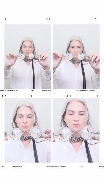 A contact sheet of four images shows Katherine holding the OPULENZ glasses. Each image represents a progression as if she is placing the glasses on your face. Katherine wears various pieces of Xover0 jewelry. She is dressed in a white button down and photographed on a white background. The white on white look is giving strong « laboratoire » vibes.