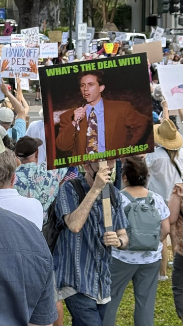 A guy in jeans and a blue button up shirt wearing a face mask against airborne viruses carries a nicely printed sign that shows 80s era Seinfeld onstage doing stand up. His hand is on his hip and he looks concerned concerned as he speaks into the mic. The green lettering in Impact font reads "WHAT'S THE DEAL WITH ALL THE BURNING TESLAS?"