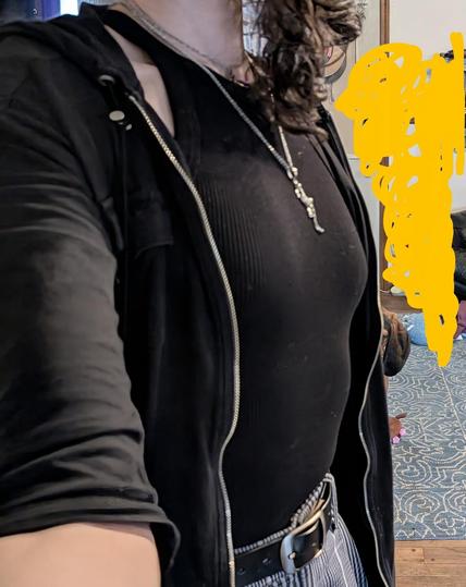 They are wearing plaid slacks with a simple black and brushed nickel looking belt, a black tank top, and what is technically a black half sleeve zip-up dress fully unzipped to give it a light overcoat hoodie vibe. That reaches the mid-thigh . Their curly hair is reaching their collarbone and they are also wearing a silverish pendant of a gecko in addition to their normal enby pendant. From behind them, appearing just under their breast, is a black and brown floppy eared hound photo bombing the picture.