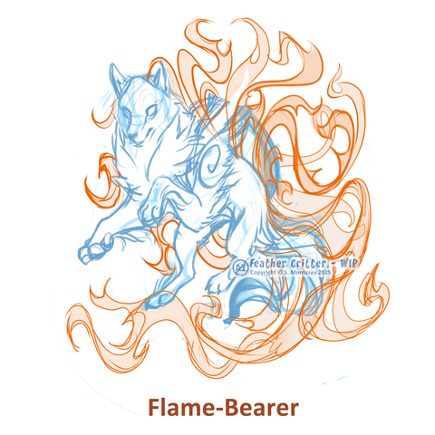 A sketch of Amaterasu from Okami, the flame wheel on her back surging with fire