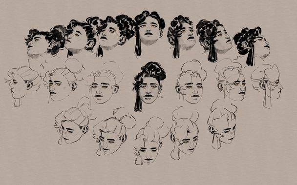 19 sketches of the same womans head at different angles. she has an asymmetrical hairstyle with her dark hair tied up into a bun on one side and bangs and a long lock of hanging hair on the other side, adding complexity to the all different angles she has been drawn at. half of them are less complete than the rest