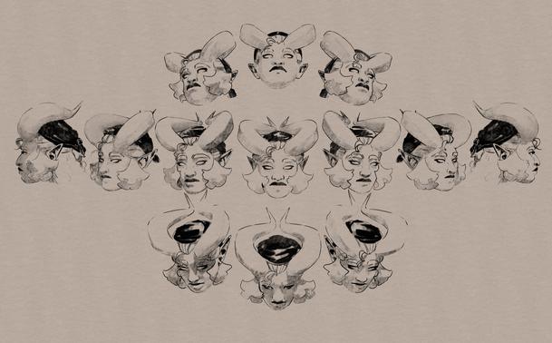 13 head sketches of the same demon woman at various different angles. she has zigzag shaped horns, and care has been put into the way the shadows fall on her face as her head is tilted