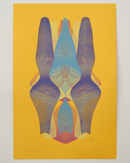 An abstract painting produced by a robotic pen plotter using a generative algorithm. Yellow, teal, red, and purple acrylic paint produce a curving, lenticular form on yellow paper.