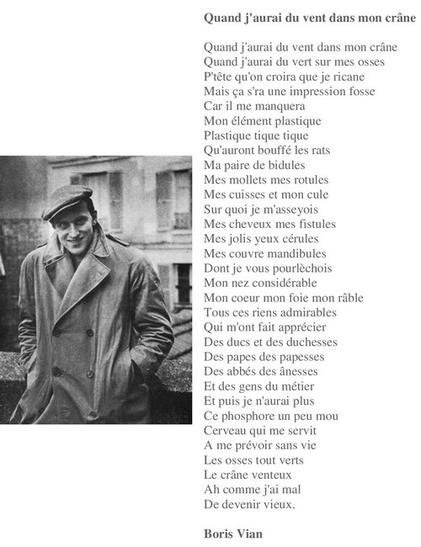 Texte du long poème de Boris Vian " Quand j'aurai du vent dans le crâne".
 A gauche du texte une photo en noir et blanc de Boris, coiffé d'une casquette, souriant, mains enfouies dans les poches d'un gros manteau d'hiver.