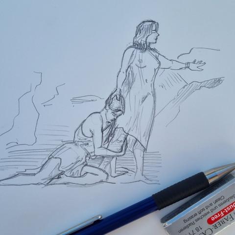 Sketch of two women, one standing looking right, the other on ground, leg outstretched, embracing the first woman's leg