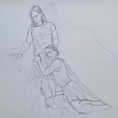 Sketch of two women, one leaning against a stone, the other on ground, resting her head on first woman's abdomen