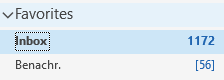 Ein Screenshot von den ersten Favoriten der Ordner im Outlook. Zu sehen ist die Inbox mit 1172 ungelesenen Emails sowie ein Ordner "Benachrichtigungen" mit 56 ungelesen Mails.