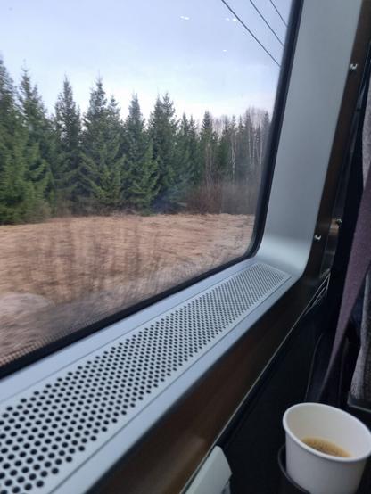 View thru a train window , all you see is a young farmed forest.. A papper mig  with coffe is in a stand just i side the window.