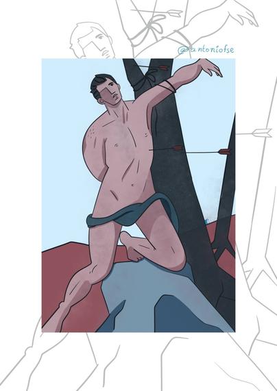 Ilustración digital de un hombre semidesnudo atado a un árbol y atravesado por flechas, evocando la iconografía de San Sebastián. El fondo presenta formas abstractas en tonos suaves de azul, rojo y negro. La figura masculina está dibujada con líneas limpias y colores planos, transmitiendo una mezcla de vulnerabilidad y resistencia.

Digital illustration of a semi-nude man tied to a tree and pierced by arrows, evoking the iconography of Saint Sebastian. The background features abstract shapes in soft shades of blue, red, and black. The male figure is drawn with clean lines and flat colors, conveying a sense of both vulnerability and strength.