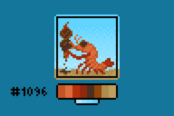 Pixel art of a shrimp on a sandy beach holding an ice cream cone with two big scoops of chocolatey-looking flavors.