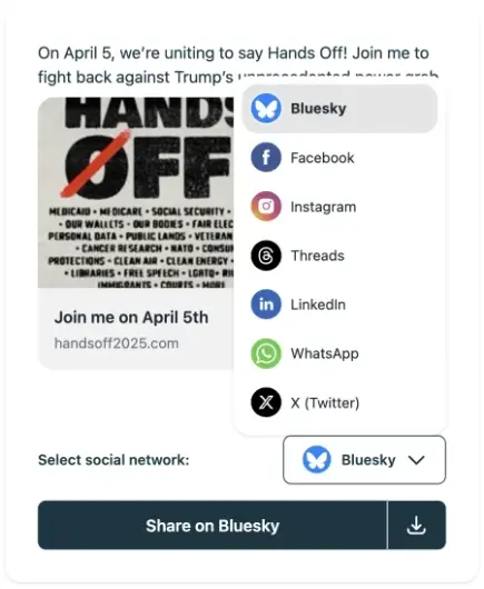 Screenshot from the website with a social share menu opened to reveal Bluesky, Facebook, Instagram, Threads, LinkedIn, WhatsApp, and Twitter.