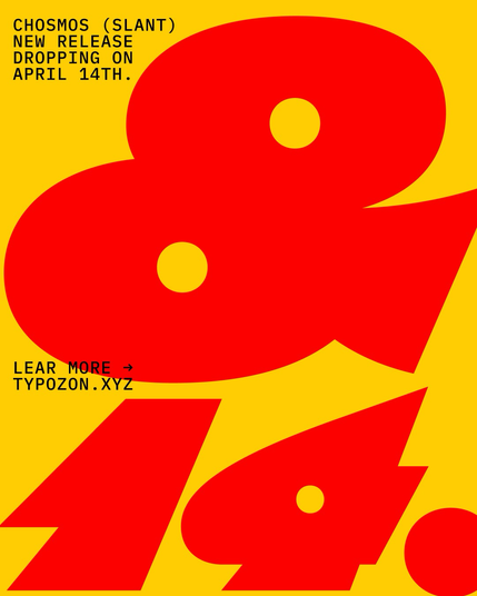 Featuring Chosmos Display Typeface ampersand and the number 14 colored red on a yellow background