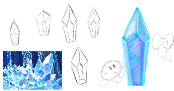 A digital sketch page. In the lower left corner is a screenshot from the most recent Kirby and the Forgotten Land Starry World DLC trailer and promo images. It's a cropped image of a bunch of bright cyan crystals on a dark background. The rest of the doodle page has digital pencil sketches of different shaped crystals, and then there is a single completed and colored crystal in a sorta color pencil style. A small doodle of Kirby and Elfilin are next to it.