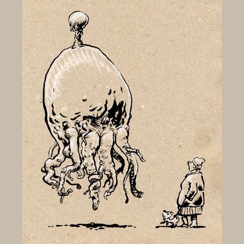 A woman with a small dog encounters a large thing that hovers above the ground. It ‘s shape looks organic, roughly spherical with a protrusion on top and some kind of tentacles or roots ob the bottom part. No eyes. Ink drawing in grey paper with some white highlighting.