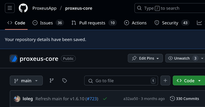 A screenshot of the proxeus-core GitHub repostory