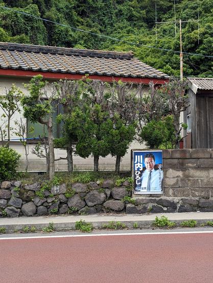 A local politician's election poster in the bottom right corner of the photograph constrasts with the red road, old grey concrete/stone wall, the Japanese tiled-roof of the house behind it and the greenery of the forest in the background.