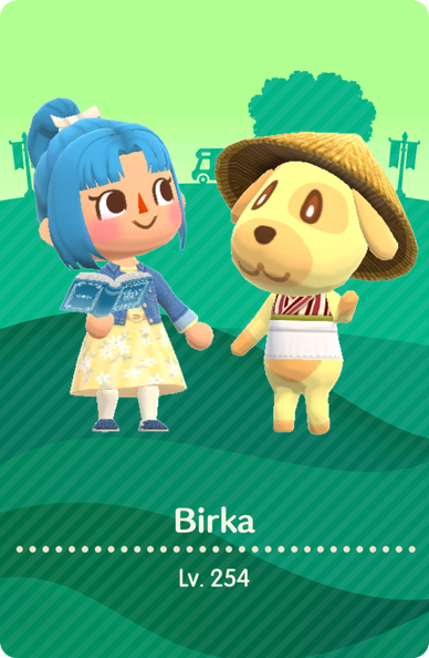 Front of an Animal Crossing Pocket Camp Complete player card showing my character Birka and her helper Goldie (I think that's her English name.)