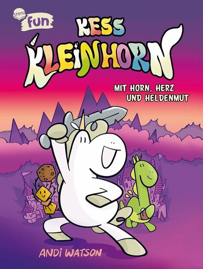 Auf dem Cover sehen wir Kess Kleinhorn mit Schwert und seinen Freunden. Im Hintergrund ein Gebirge.