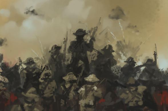 Digital painting of WWI soldiers climbing over the top of their trench
