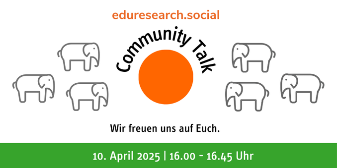 Jeweils drei gezeichnete Mastodons laufen von links und rechts auf einen orangefarbenen Kreis zu; darüber steht CommunityTalk, darunter "Wir freuen uns auf Euch."