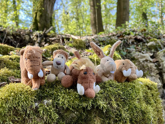 Die drei plüschigen Mammuts, Ludwig und Hopps auf mit Moos bewachsenen Felsen