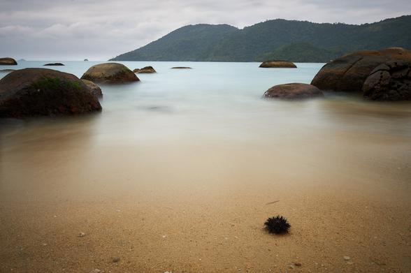 The photo shows a sandy beach upfront with a single sea urchin right on the front. The sea is very milky white with a touch of turquoise where it’s deeper due to the long exposure. Left and right into the sea there are rocks with a reddish-brown color and some green patches. In the back Atlantic forest covered hills are seen and a cloudy sky.