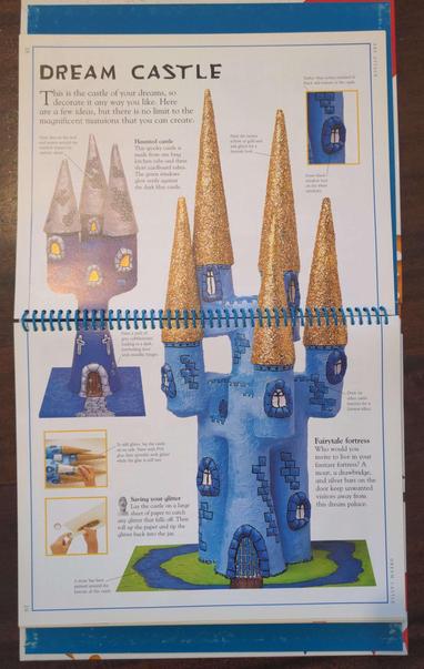 A page from an old Art Attack book showing some finished blue magical castles.