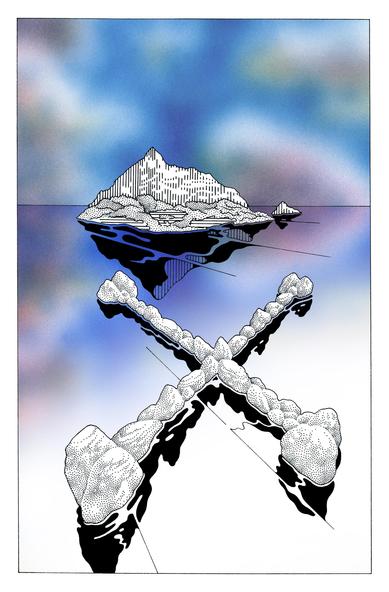 Drawing of a stones cross in the see