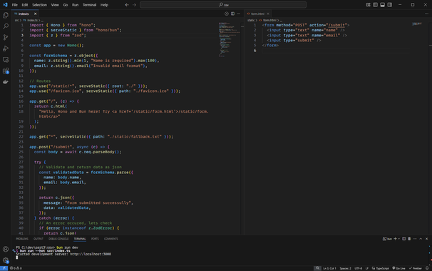 import { Hono } from "hono";
import { serveStatic } from "hono/bun";
import { z } from "zod";

const app = new Hono();

const formSchema = z.object({
  name: z.string().min(1, "Name is required").max(100),
  email: z.string().email("Invalid email format"),
});

// Routes
app.use("/static/*", serveStatic({ root: "./" }));
app.use("/favicon.ico", serveStatic({ path: "./favicon.ico" }));

app.get("/", (c) => {
  return c.html(
    "Hello, Hono and Bun here! Try <a href='/static/form.html'>/static/form.html</a>"
  );
});

app.get("*", serveStatic({ path: "./static/fallback.txt" }));

app.post("/submit", async (c) => {
  const body = await c.req.parseBody();

  try {
    // Validate and return data as json
    const validatedData = formSchema.parse({
      name: body.name,
      email: body.email,
    });

    return c.json({
      message: "Form submitted successully",
      data: validatedData,
    });
  } catch (error) {
    // An error occured, lets check
    if (error instanceof z.ZodError) {
      return c.json(
        {
          message: "Validation Error.",
          errors: error.errors,
        },
        404
      );
    }
    // Some other error occured
    return c.json(
      {
        message: "An error occured.",
        error: error,
      },
      500
    );
  }
});

export default app;