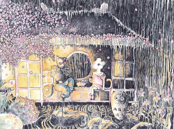 Watercolors and in painting of traditional tea house with one light source. Everything is basked in his light and deep shadow envelop picture, sakuras are blooming and its petals are everywhere. Tea house is drenched in rain and inside are two animals enjoy late tea - black cat and white mouse.