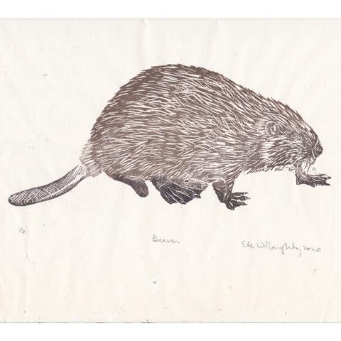 My linocut of a walking beaver viewed from the side in brown and black ink on delicate cream coloured washi paper.