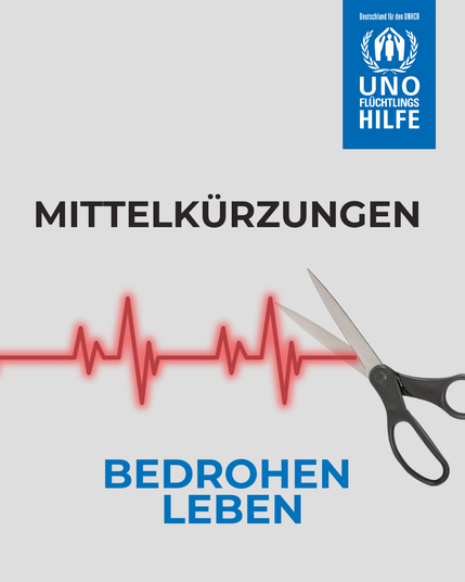 Grafik der UNO-Flüchtlingshilfe zum Weltgesundheitstag. Eine rote Herzschlaglinie verläuft horizontal über das Bild. Eine Schere schneidet die Linie durch, was symbolisch für das Ende eines Lebens steht. Darüber steht in schwarzer Schrift: „MITTELKÜRZUNGEN“, darunter in blauer Schrift: „BEDROHEN LEBEN“. Oben rechts das Logo der UNO-Flüchtlingshilfe.