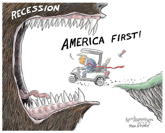Trump vliegt met golfkarretje met Uncle Sam van heuvel af en roep: America First! Hij vliegt in grote opengesperde bek van beer met tekst op kop: recession.