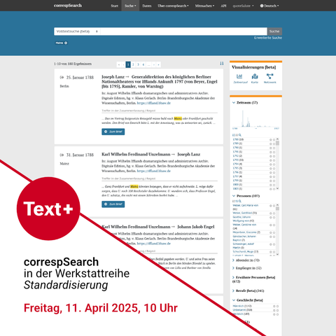 Screenshot eines Suchergebnisses in correspSearch. Unten links ist der Titel der Veranstaltung "correspSearch in der Werkstattreihe Standardisierung, Freitag 11. April 2025, 10 Uhr" zu lesen.