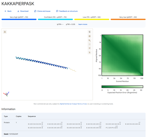 Kuvakaappaus Alphafold tuloksista nimellä KAKKAPIERPASK. Kuvassa näkyy pitkä alfakierre, ja sekvenssinä on KAKKAKAKKA...KAKKAPIERPASK