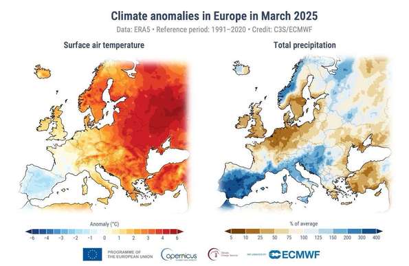 Zwei Karten zeigen Klima-Anomalien in Europa im März 2025. Die linke Karte stellt die Oberflächenlufttemperatur dar, mit überwiegend roten und orangefarbenen Bereichen, insbesondere in Mittel- und Osteuropa, was eine Temperaturabweichung von +2 bis +6 °C anzeigt. Die rechte Karte zeigt den Gesamtniederschlag im Vergleich zum Durchschnitt. Weite Teile Europas, insbesondere Deutschland und Osteuropa, sind bräunlich gefärbt, was auf deutlich weniger Niederschlag als üblich hinweist. Die Skalen unten geben die Abweichungen in Grad Celsius (links) und Prozent des Durchschnitts (rechts) an.