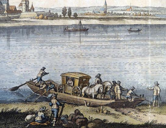 Bac sur le Rhin à Worms au XVIIe siècle; détail de Matthäus Merian, Topographia Palatinus Rheni et Vicinarum Regionum, Francfort sur le Main 1645 (archives municipales de Worms, Abt. 217 Nr. 1495), Wikimedia.