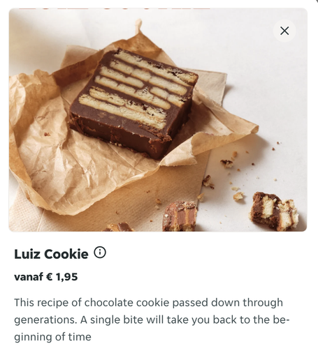 screenshot of what I'd describe as a brownie rather than a cookie for sale online: Luiz Cookie - This recipe of chocolate cookie passed down through generations. A single bite will take you back to the beginning of time.