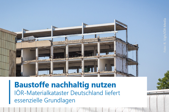 Foto von einem Bürogebäude, das abgerissen wird. Fenster und einige Wände fehlen, sodass man hindurchschauen kann. Unten links weißes Textbanner mit blauer Schrift: Kreislaufwirtschaft im Bausektor - IÖR-Materialkataster Deutschland liefert essenzielle Grundlagen