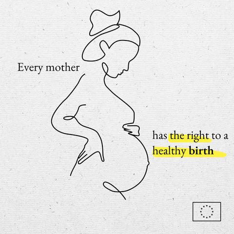 A minimalistic one-line drawing of a pregnant woman, accompanied by the text 'Every mother has the right to a healthy birth”