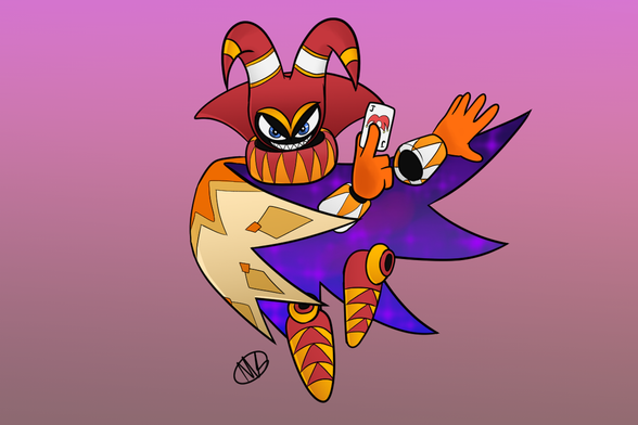Jackle, the evil trickster Jester, from NiGHTS into Dreams, holding a Joker playing card, looking at the viewer with a sinister grin. The inside of Jackle's cape is inspired by his Sonic Lost World's appearance where it is designed to look like a purple cosmic gradient.