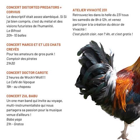 samedi 12 avril 

- Distorted Predators  + Corvius, sci-fi metal - Bifrost, bd de l'Yser - 20h 10 €

- Marco et les Chats Crevés, punk - Comptoir des Pirates, bd des Belges - 21 h 30

- Doctor Carote, rock - Café de l'Époque, rue Armand Carrel - 19 h au chapeau 

- Zul Babu, musiques du monde - Baba Yaga, pl. Henri IV - 21 h gratuit

- Atelier participatif Vivacité - Atelier 231, rue Vincent Auriol, Sotteville