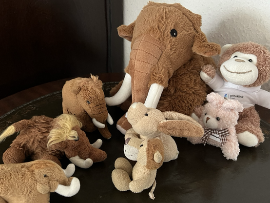 Die drei plüschigen Mammuts, Ludwig, Hopps, Kuschelmammut, Hase Bonnyfratz, und Affe Bonni verabschieden sich von einander