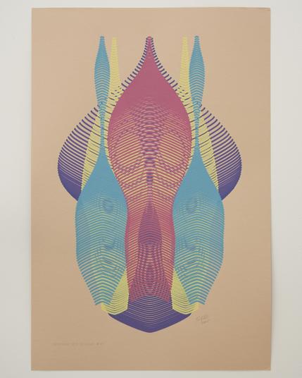 An abstract painting produced by a robotic pen plotter using a generative algorithm. Yellow, teal, red, and purple acrylic paint produce a curving, lenticular form on tan paper.
