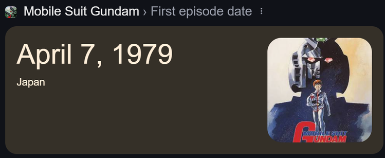 Google snippet with Mobile Suit Gundam First Episode date: April 7th of 1979